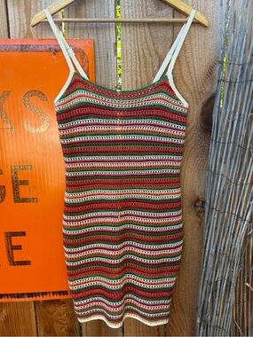 Striped Boho Crochet Tank Mini Dress in Red, Green & Cream